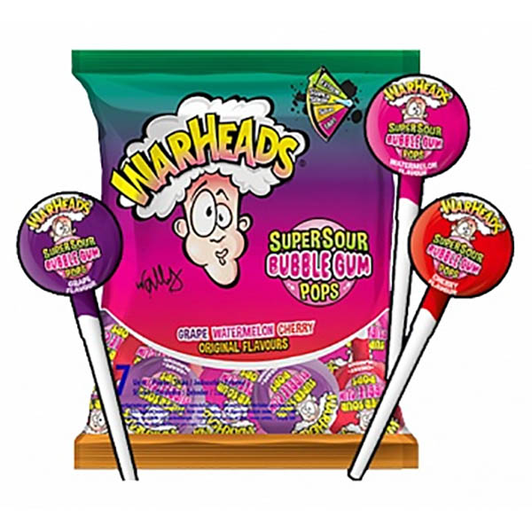 Warheads Super Sour Bubble Gum Pops Assorted 105g